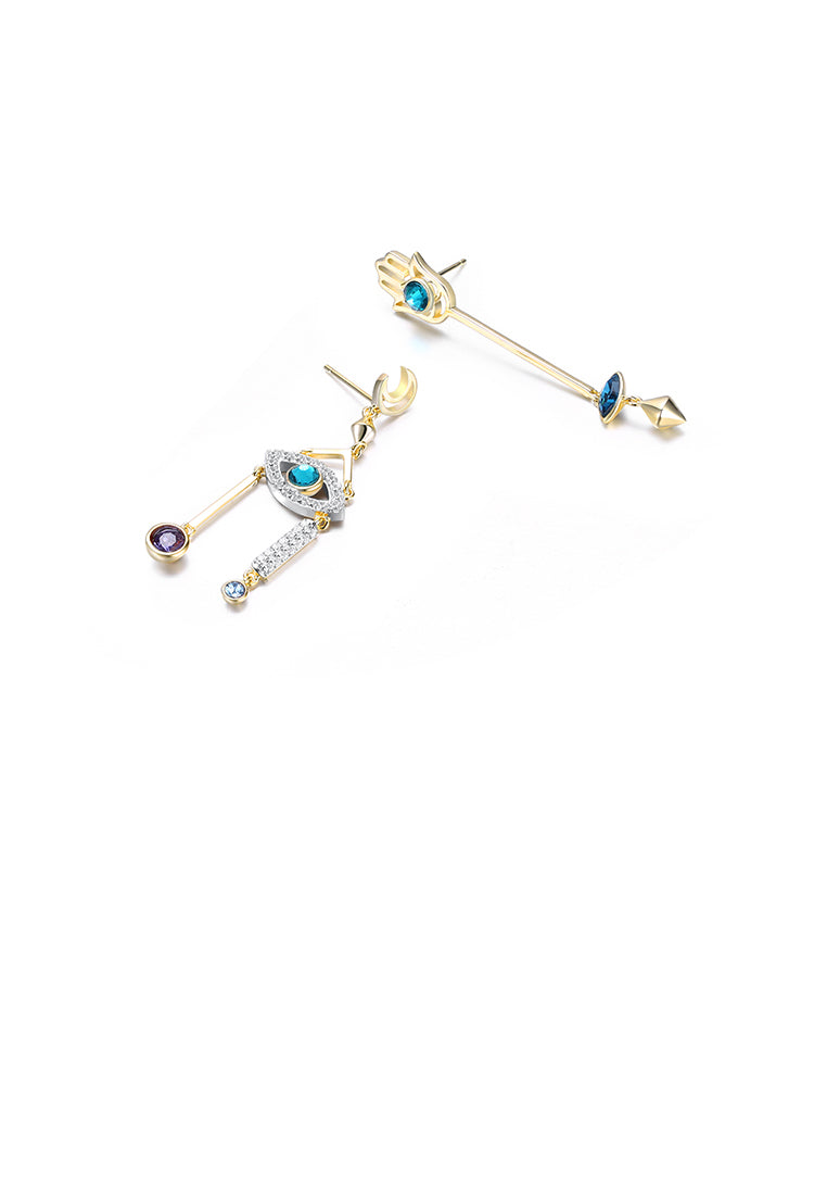 925 Sterling Silver Fashion Devil's Eye and Lucky Hand Asymmetric Earrings with Austrian Element Crystal