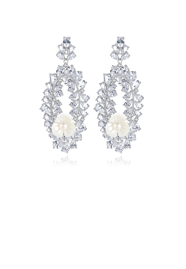 Elegant and Bright Geometric Flower Imitation Pearl Long Earrings with Cubic Zirconia - Luxurious Look