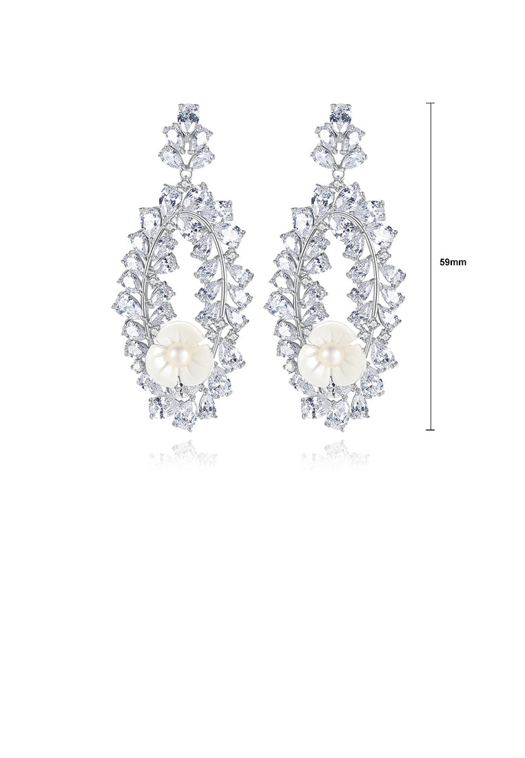 Elegant and Bright Geometric Flower Imitation Pearl Long Earrings with Cubic Zirconia - Luxurious Look