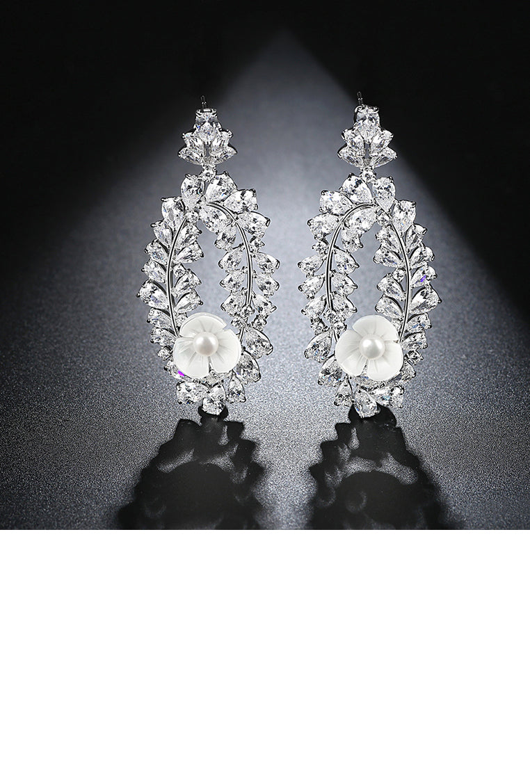 Elegant and Bright Geometric Flower Imitation Pearl Long Earrings with Cubic Zirconia - Luxurious Look