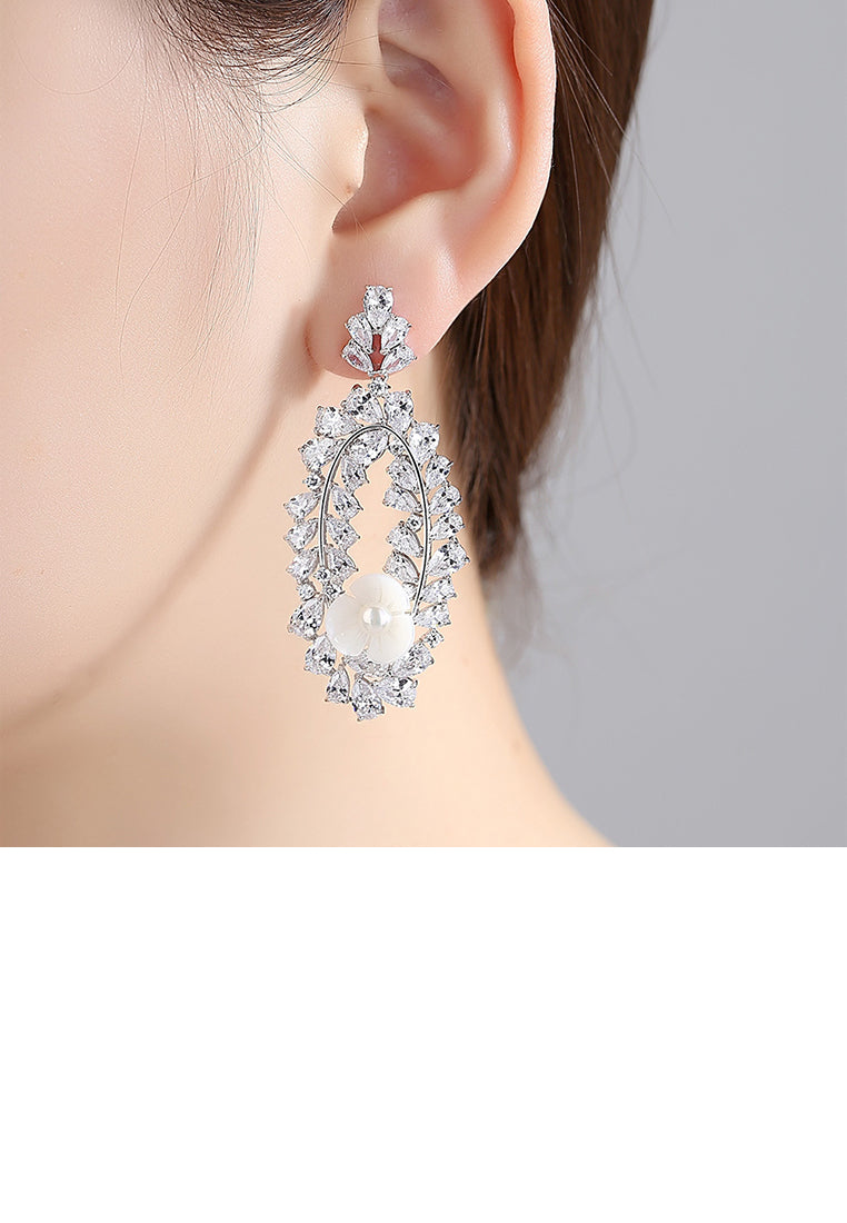 Elegant and Bright Geometric Flower Imitation Pearl Long Earrings with Cubic Zirconia - Luxurious Look