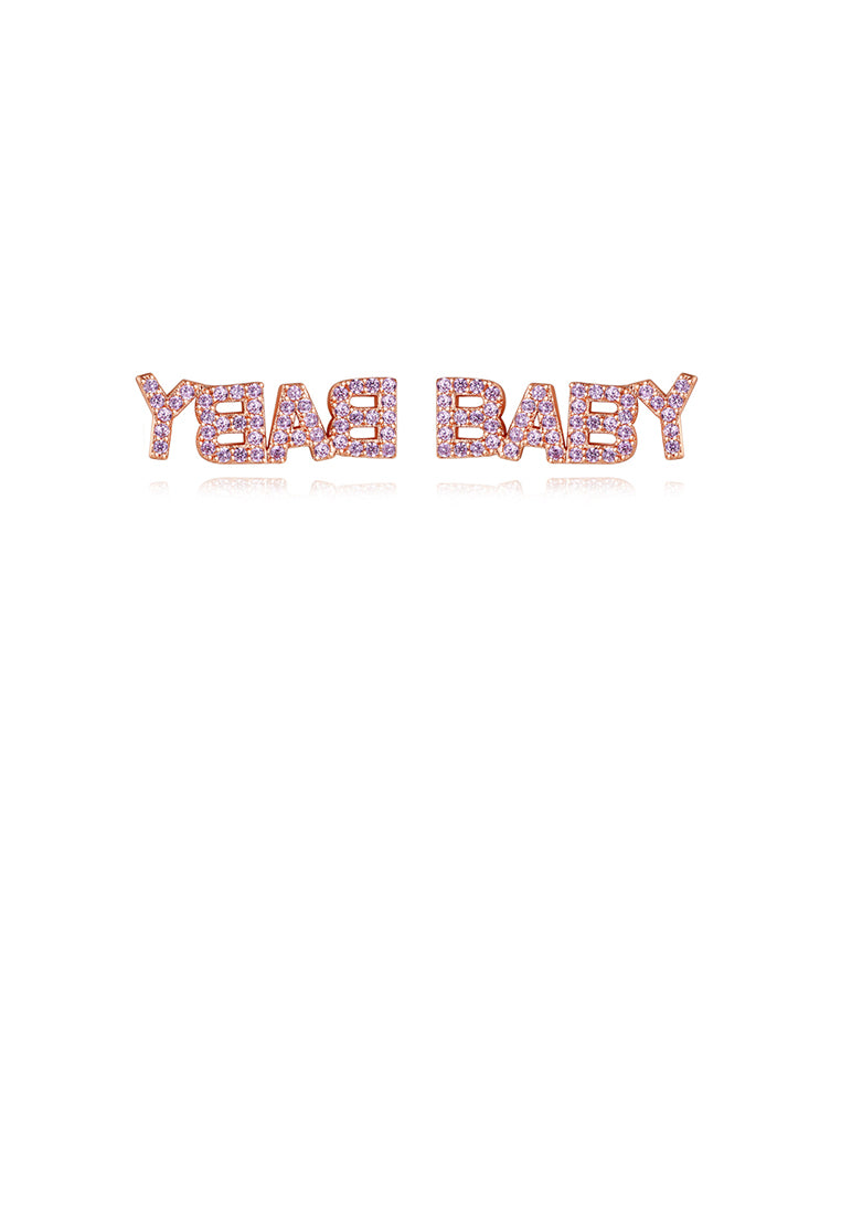 Simple and Sweet Plated Rose Gold BABY English Alphabet Stud Earrings with Pink Cubic Zirconia - Luxurious Look - Vibrant Color