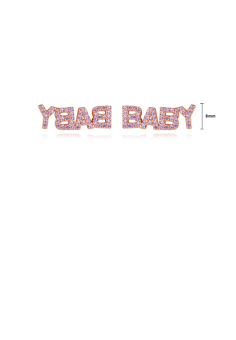 Simple and Sweet Plated Rose Gold BABY English Alphabet Stud Earrings with Pink Cubic Zirconia - Luxurious Look - Vibrant Color
