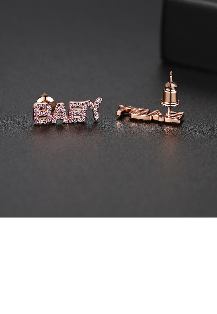 Simple and Sweet Plated Rose Gold BABY English Alphabet Stud Earrings with Pink Cubic Zirconia - Luxurious Look - Vibrant Color