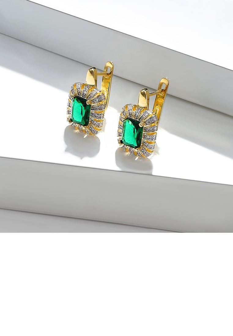 Fashion Bright Plated Gold Geometric Square Stud Earrings with Green Cubic Zirconia - Luxurious Look