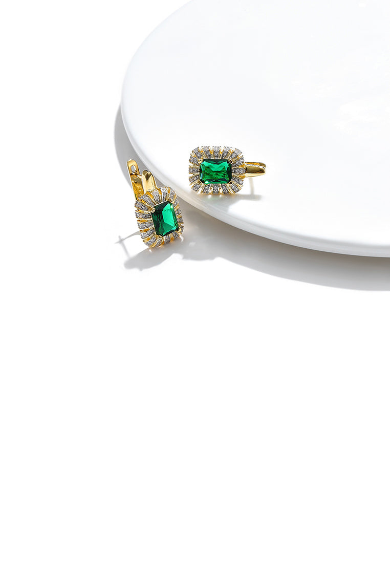 Fashion Bright Plated Gold Geometric Square Stud Earrings with Green Cubic Zirconia - Luxurious Look