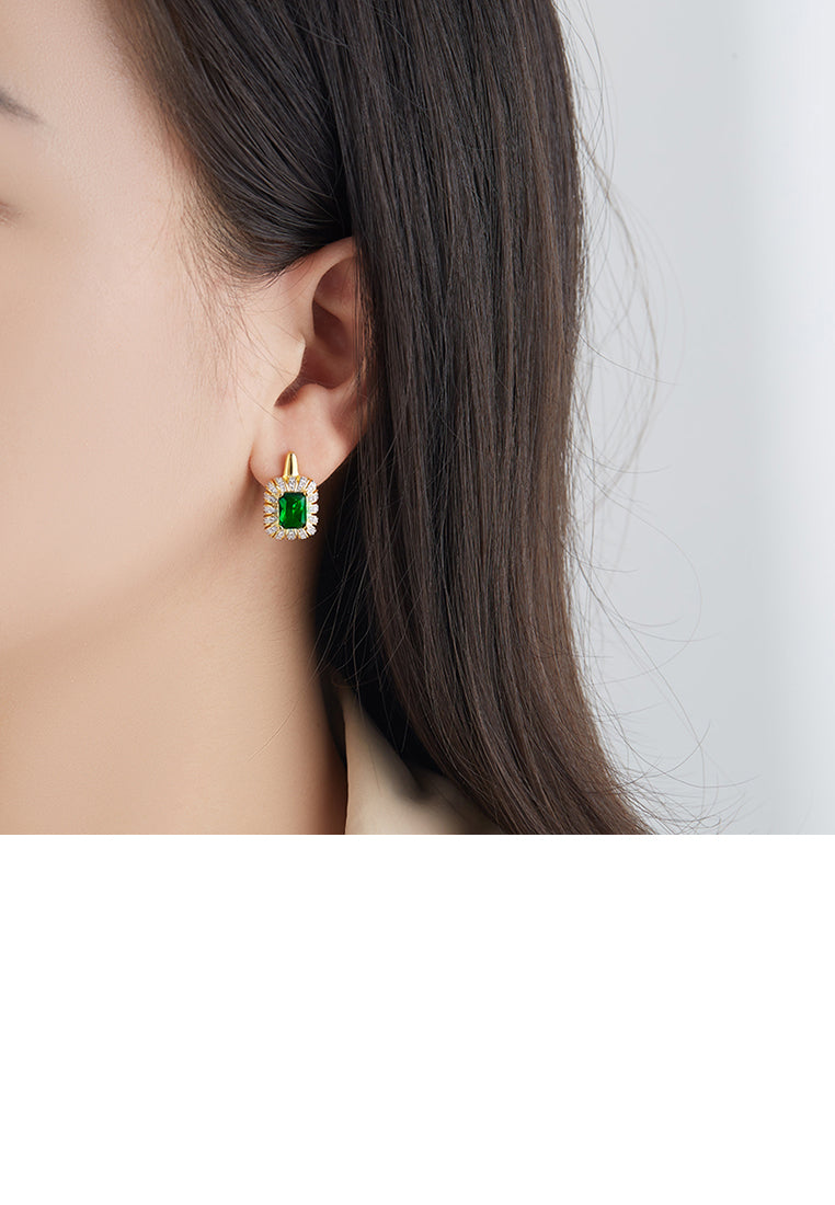 Fashion Bright Plated Gold Geometric Square Stud Earrings with Green Cubic Zirconia - Luxurious Look