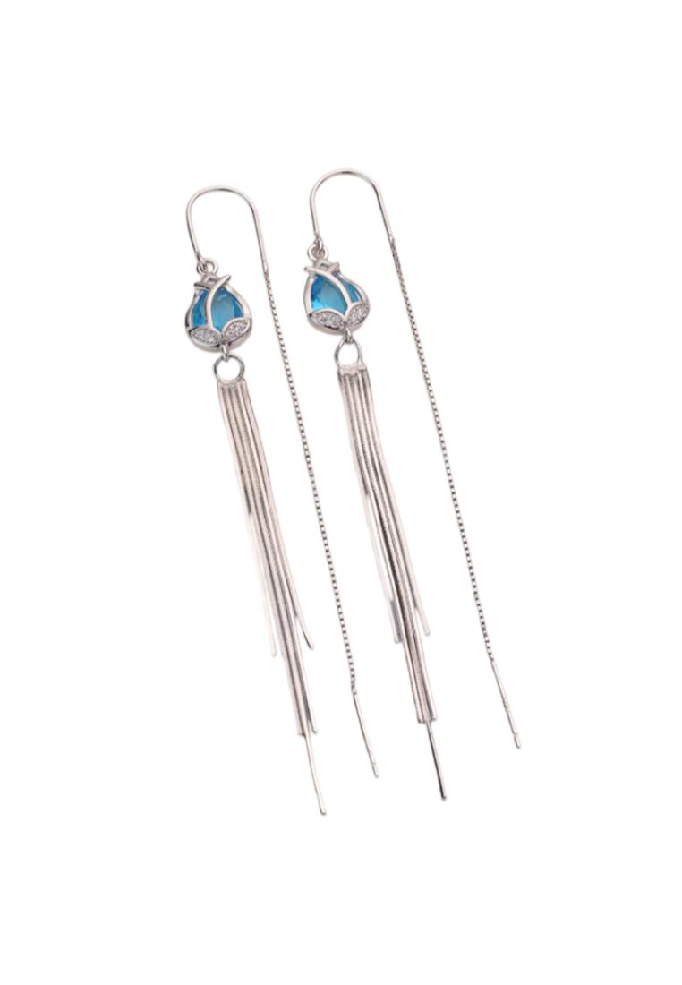 925 Sterling Silver Geometric Rhombus Long Tassel Earrings with Blue Austrian Element Crystal