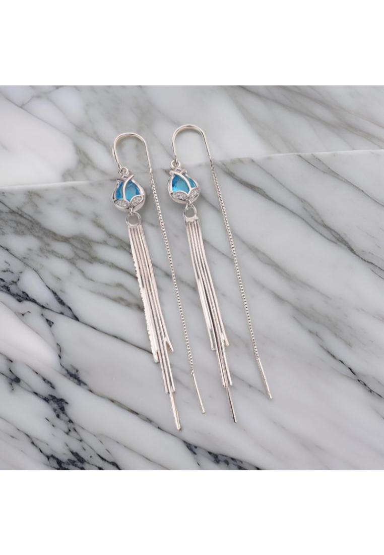 925 Sterling Silver Geometric Rhombus Long Tassel Earrings with Blue Austrian Element Crystal