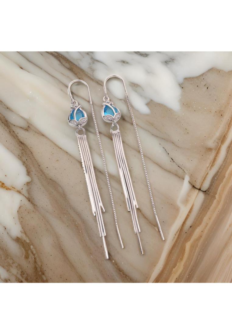 925 Sterling Silver Geometric Rhombus Long Tassel Earrings with Blue Austrian Element Crystal