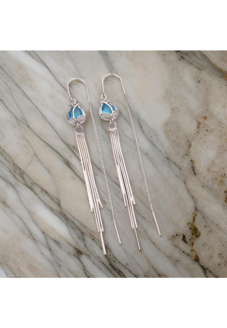 925 Sterling Silver Geometric Rhombus Long Tassel Earrings with Blue Austrian Element Crystal