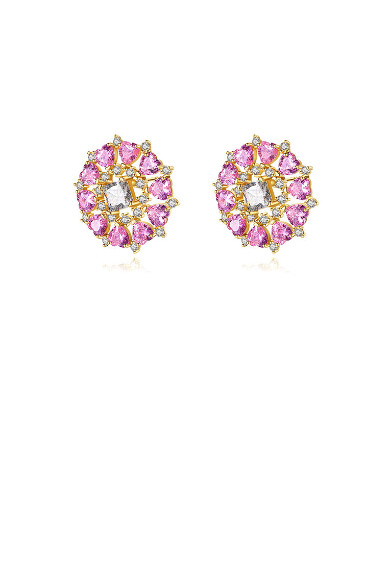 Fashion Bright Plated Gold Geometric Round Stud Earrings with Pink Cubic Zirconia - Luxurious Look - Vibrant Color
