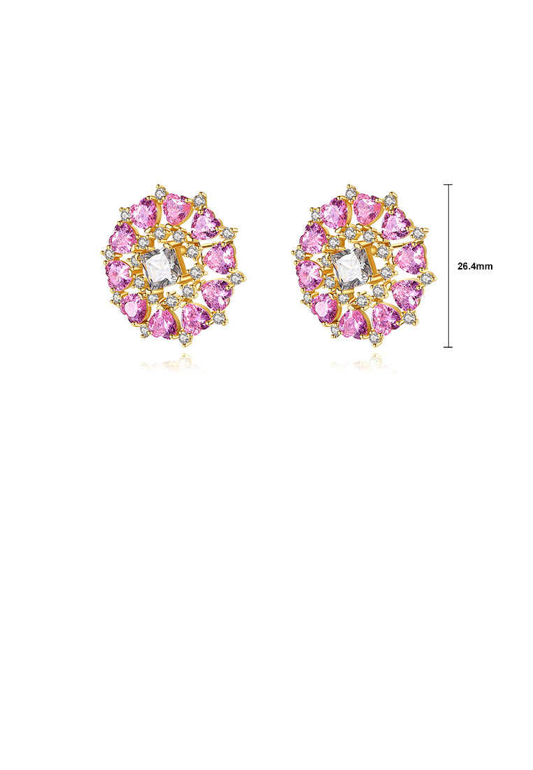Fashion Bright Plated Gold Geometric Round Stud Earrings with Pink Cubic Zirconia - Luxurious Look - Vibrant Color