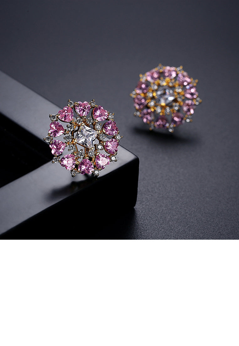 Fashion Bright Plated Gold Geometric Round Stud Earrings with Pink Cubic Zirconia - Luxurious Look - Vibrant Color