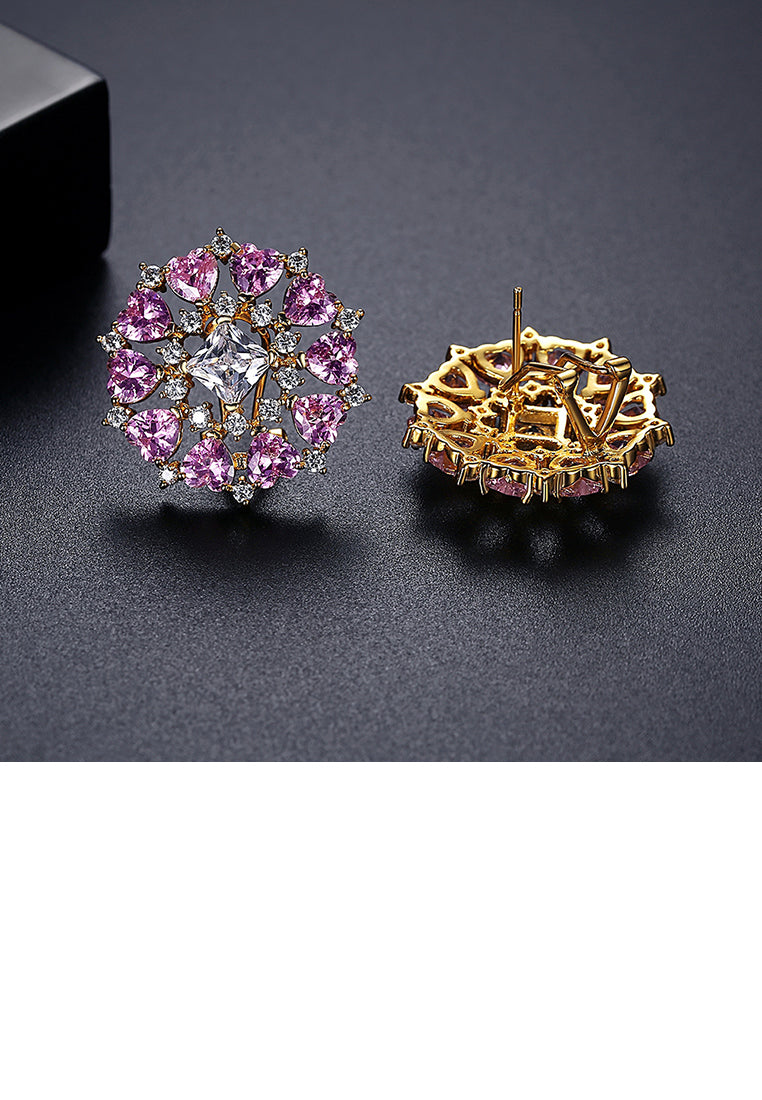 Fashion Bright Plated Gold Geometric Round Stud Earrings with Pink Cubic Zirconia - Luxurious Look - Vibrant Color