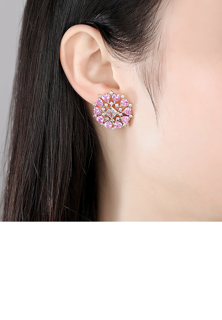 Fashion Bright Plated Gold Geometric Round Stud Earrings with Pink Cubic Zirconia - Luxurious Look - Vibrant Color