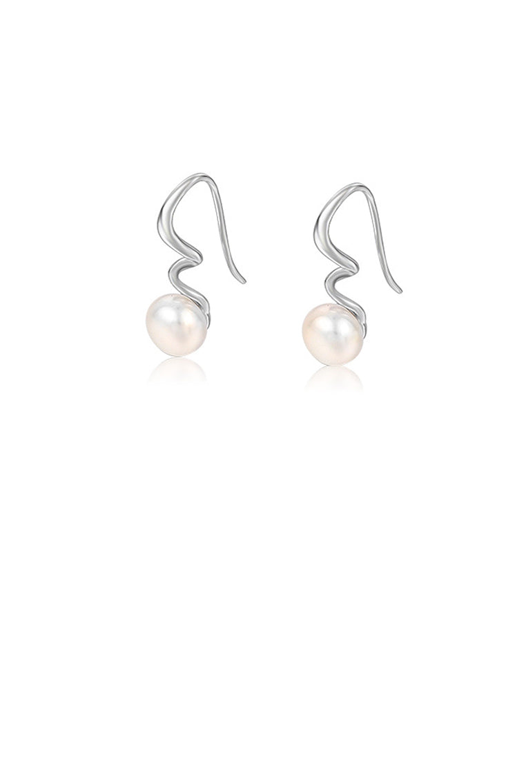 925 Sterling Silver Simple Temperament Geometric Ripple White Freshwater Pearl Earrings - Luxurious Look