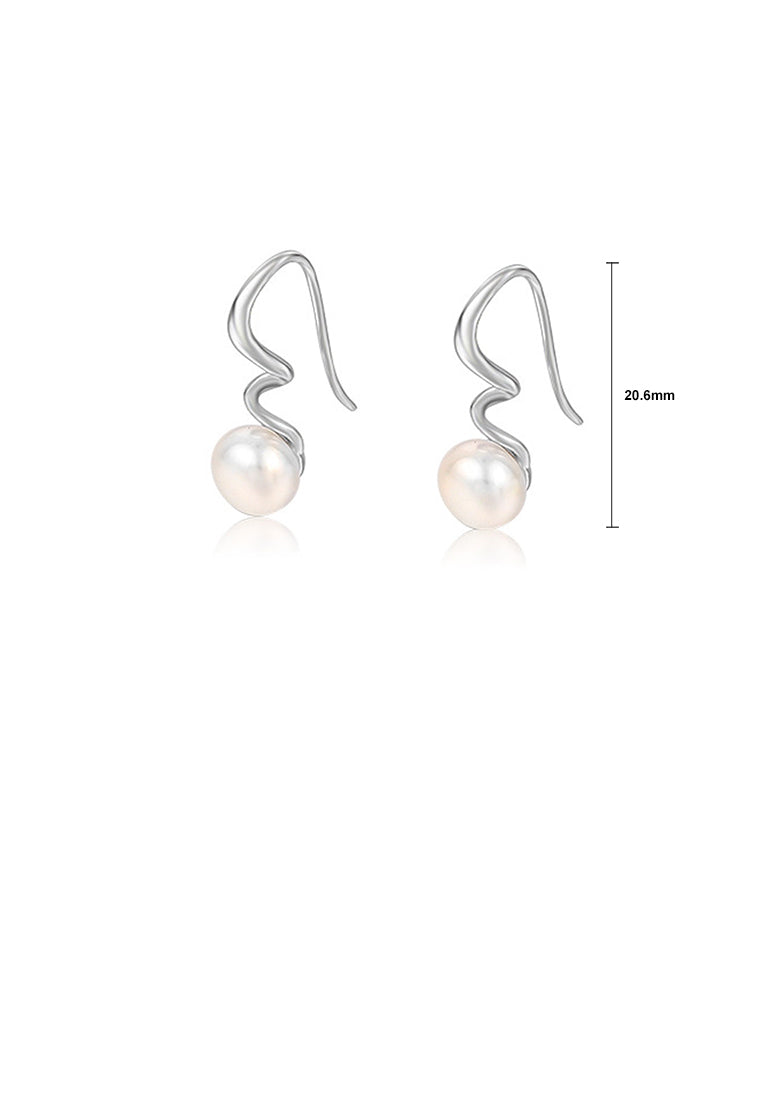 925 Sterling Silver Simple Temperament Geometric Ripple White Freshwater Pearl Earrings - Luxurious Look