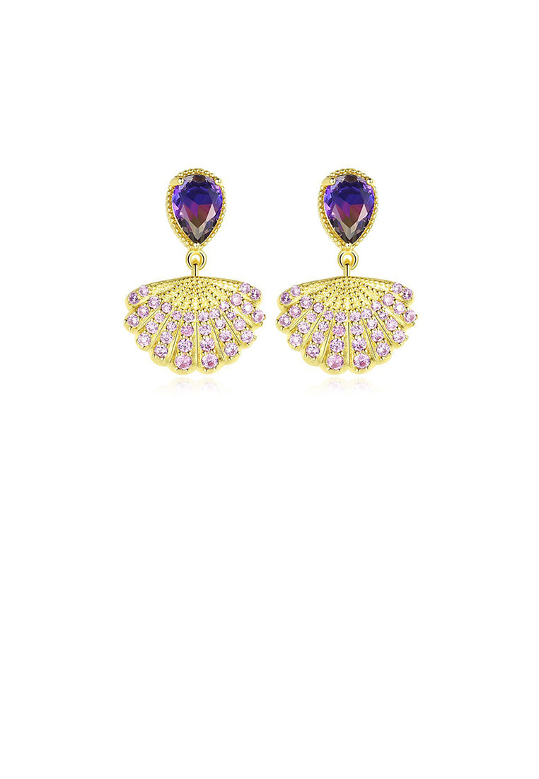 Fashion and Elegant Plated Gold Shell Earrings with Purple Cubic Zirconia - Luxurious Look