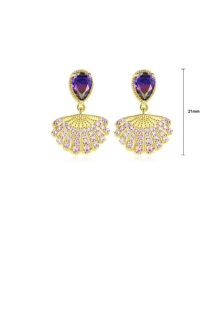 Fashion and Elegant Plated Gold Shell Earrings with Purple Cubic Zirconia - Luxurious Look