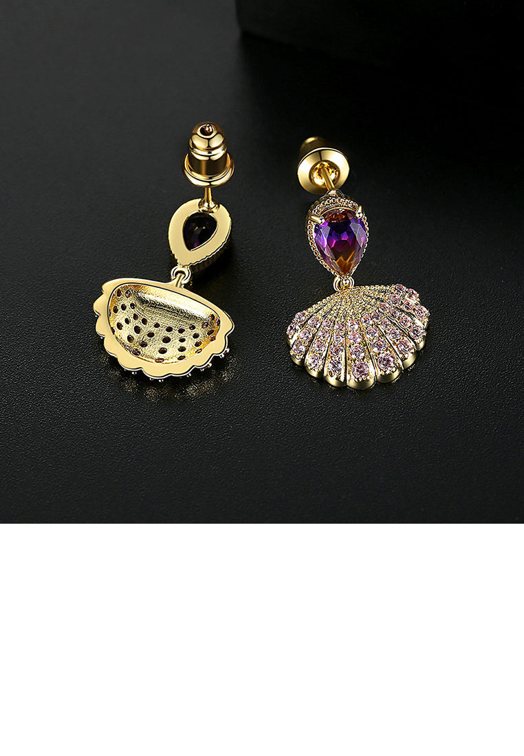 Fashion and Elegant Plated Gold Shell Earrings with Purple Cubic Zirconia - Luxurious Look