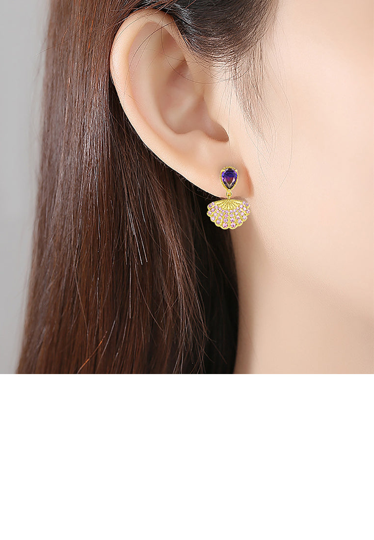 Fashion and Elegant Plated Gold Shell Earrings with Purple Cubic Zirconia - Luxurious Look