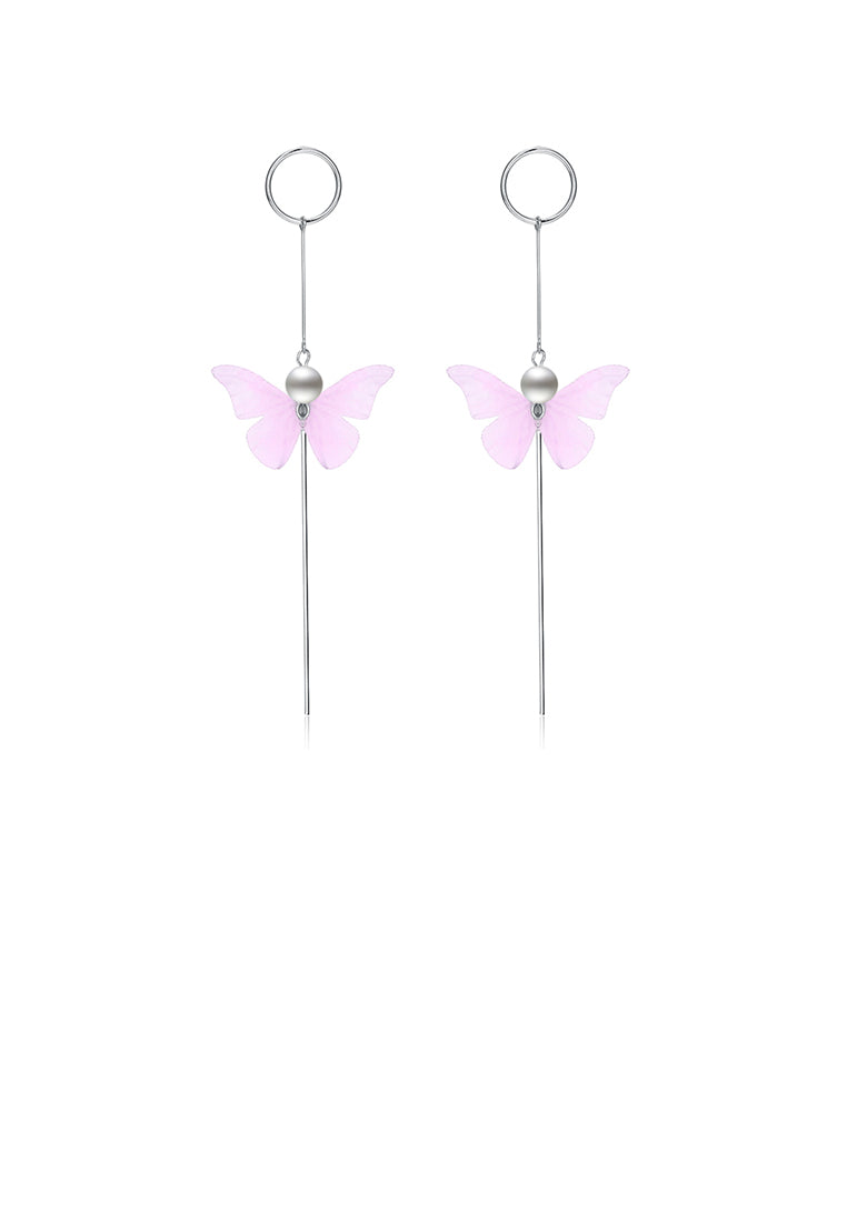 925 Sterling Silver Elegant Sweet and Romantic Pink Lace Butterfly Long Tassel Earrings - Vibrant Color