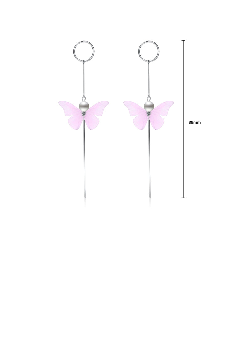 925 Sterling Silver Elegant Sweet and Romantic Pink Lace Butterfly Long Tassel Earrings - Vibrant Color