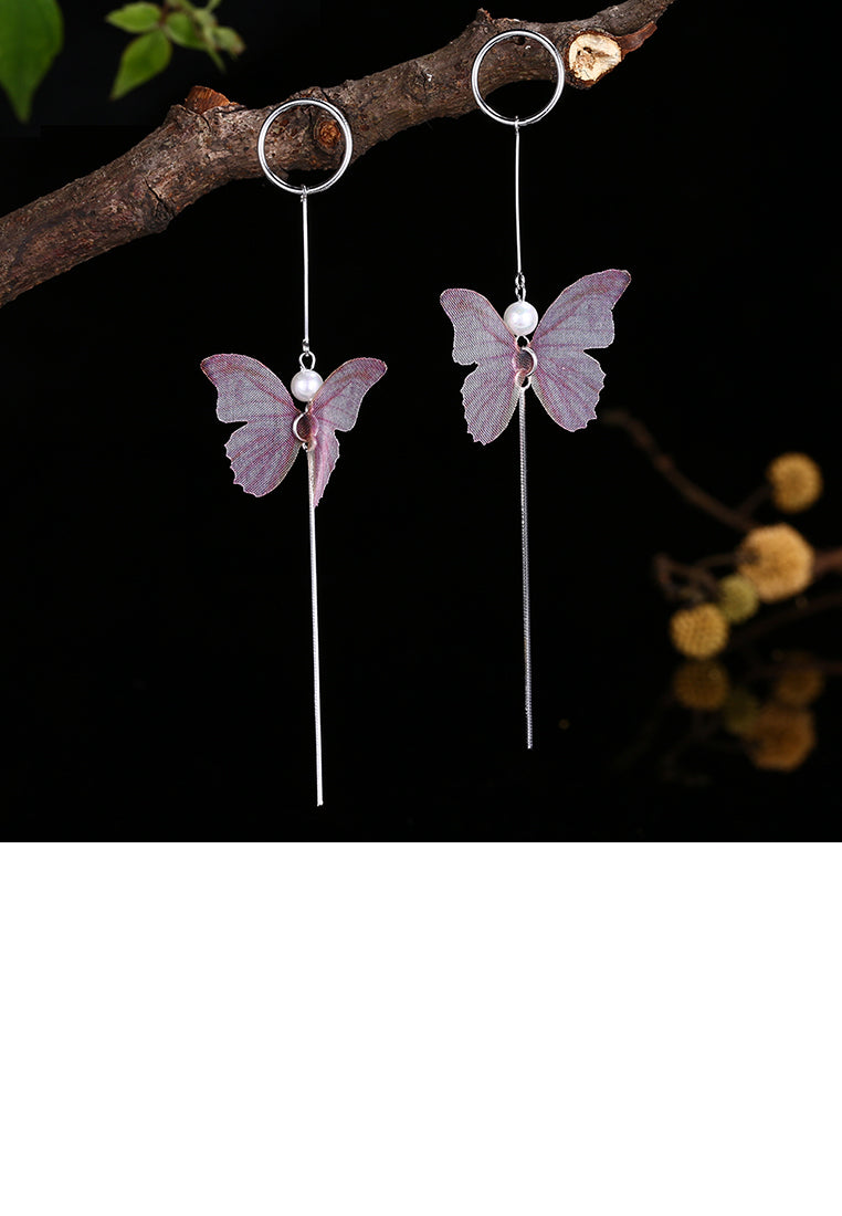 925 Sterling Silver Elegant Sweet and Romantic Pink Lace Butterfly Long Tassel Earrings - Vibrant Color