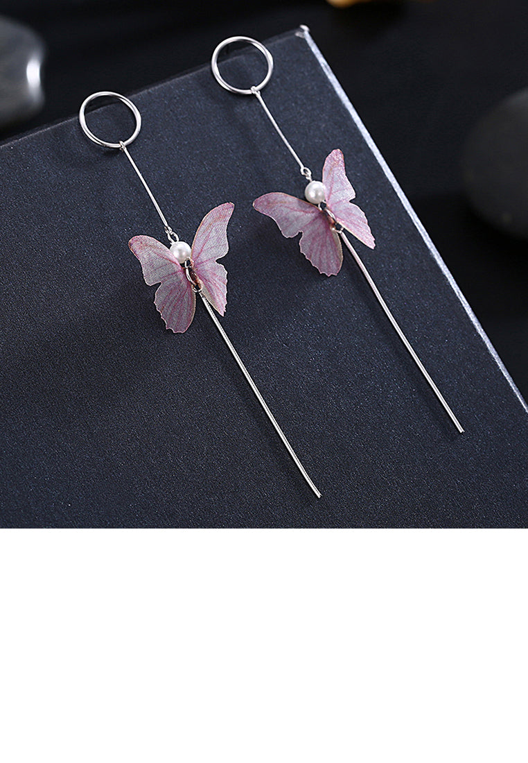 925 Sterling Silver Elegant Sweet and Romantic Pink Lace Butterfly Long Tassel Earrings - Vibrant Color