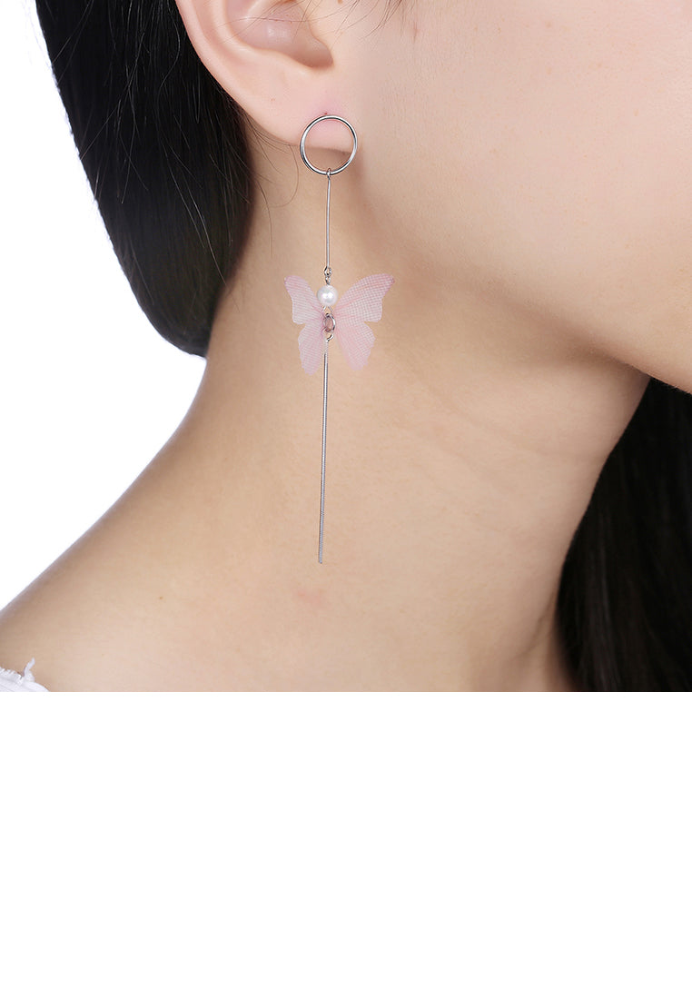 925 Sterling Silver Elegant Sweet and Romantic Pink Lace Butterfly Long Tassel Earrings - Vibrant Color