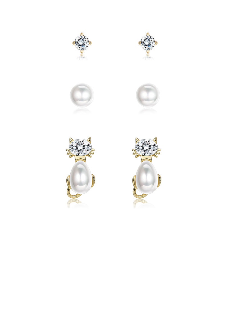 925 Sterling Silver Plated Gold Simple Cute Cat Pearl Three-piece Stud Earrings - Luxurious Look