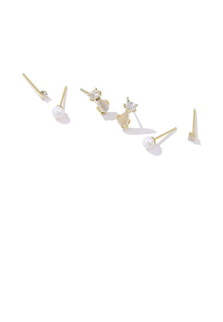 925 Sterling Silver Plated Gold Simple Cute Cat Pearl Three-piece Stud Earrings - Luxurious Look