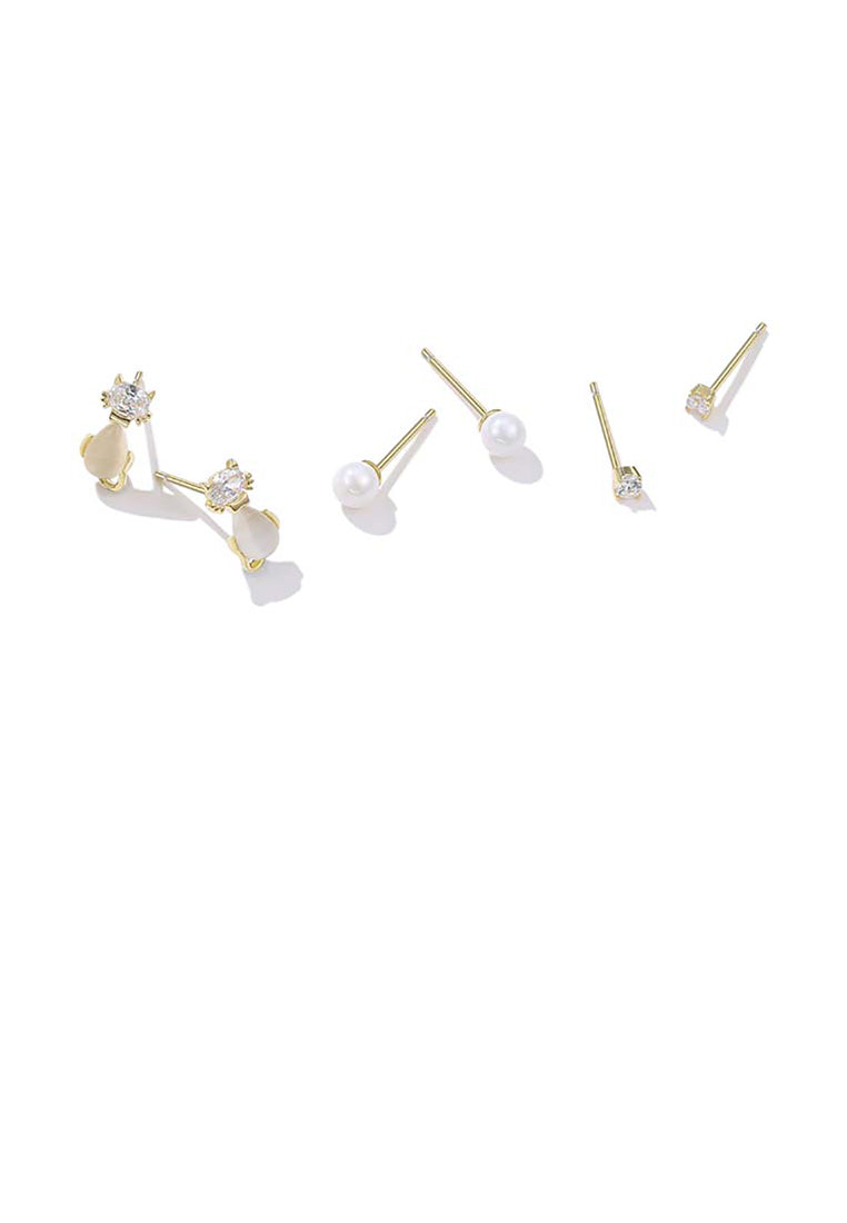 925 Sterling Silver Plated Gold Simple Cute Cat Pearl Three-piece Stud Earrings - Luxurious Look