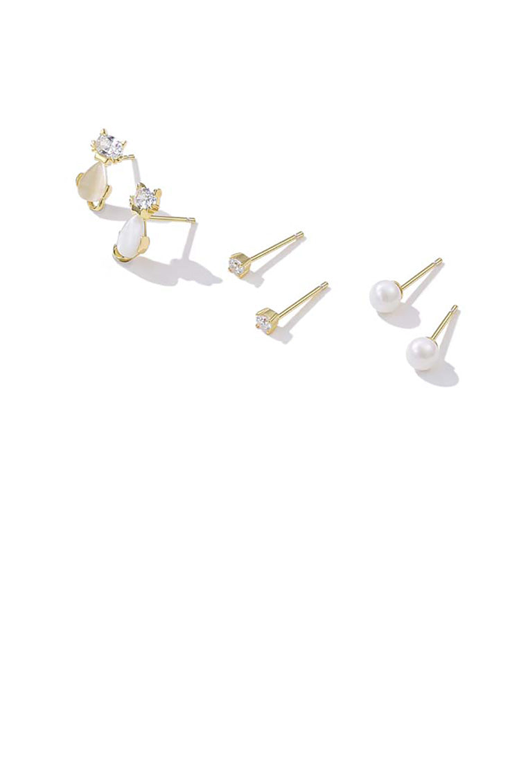 925 Sterling Silver Plated Gold Simple Cute Cat Pearl Three-piece Stud Earrings - Luxurious Look