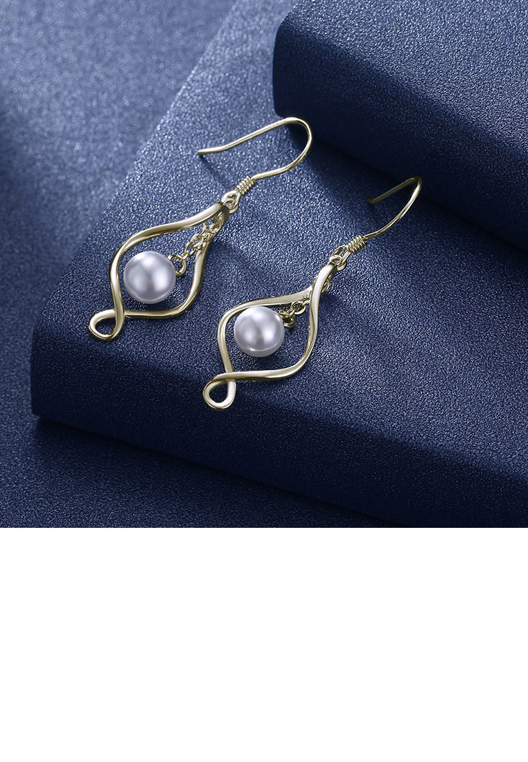 925 Sterling Silver Simple Elegant Plated Champagne Gold Geometric Pearl Earrings - Luxurious Look