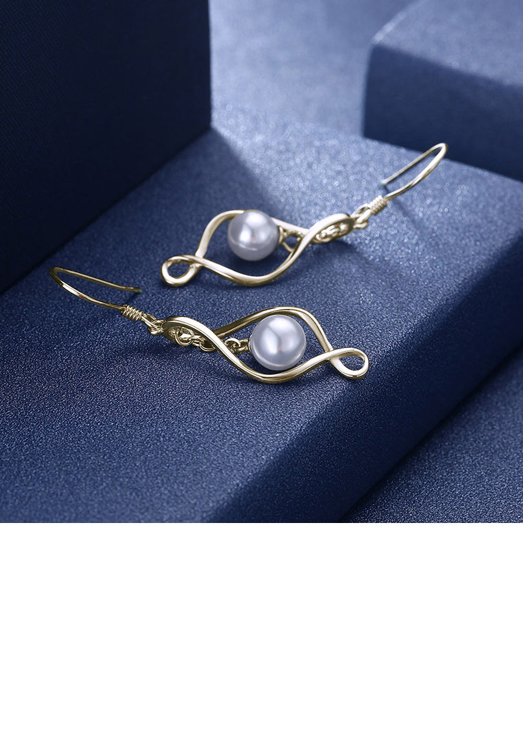 925 Sterling Silver Simple Elegant Plated Champagne Gold Geometric Pearl Earrings - Luxurious Look