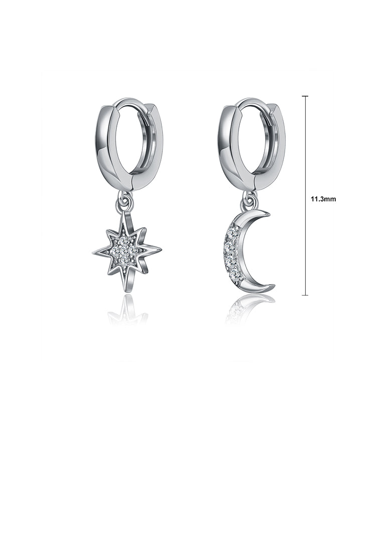 925 Sterling Silver Fashion Simple Star Moon Asymmetric Earrings with Cubic Zircon
