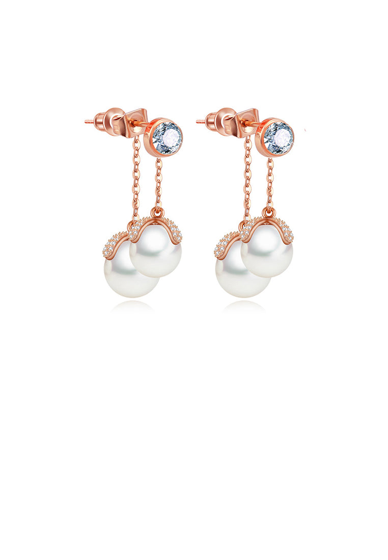 Fashion and Elegant Plated Rose Gold Geometric Round Tassel Imitation Pearl Earrings with Cubic Zirconia - Luxurious Look