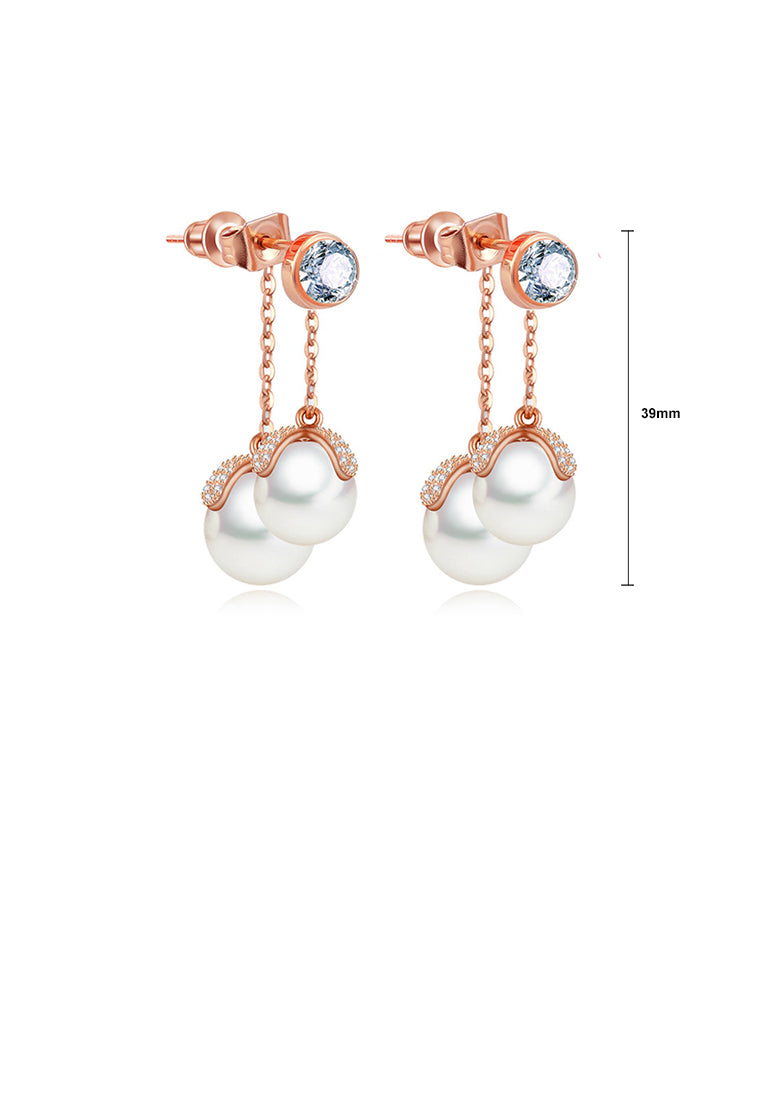 Fashion and Elegant Plated Rose Gold Geometric Round Tassel Imitation Pearl Earrings with Cubic Zirconia - Luxurious Look