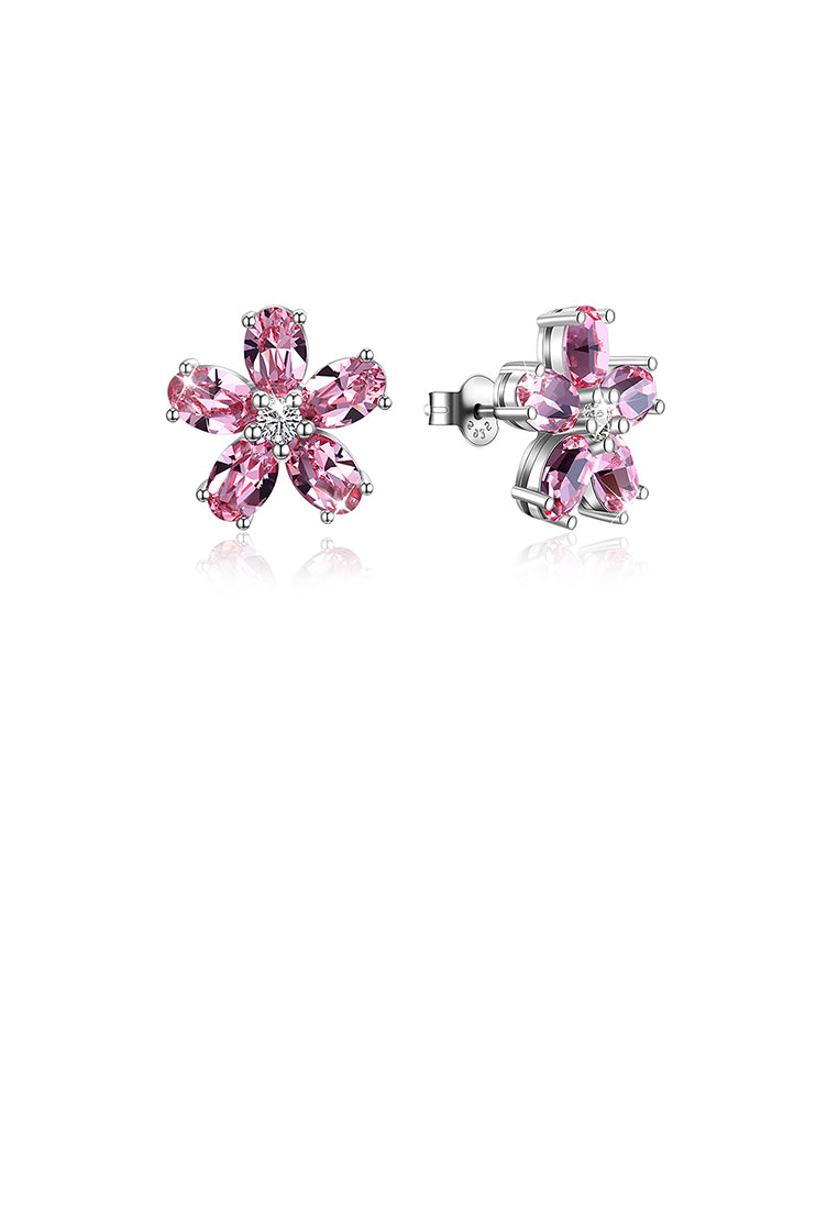 925 Sterling Silver Flower Stud Earrings with Pink Austrian Element Crystal - Vibrant Color