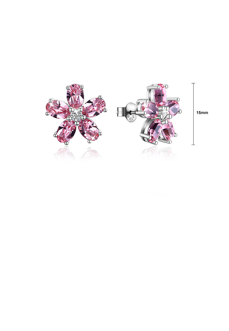 925 Sterling Silver Flower Stud Earrings with Pink Austrian Element Crystal - Vibrant Color