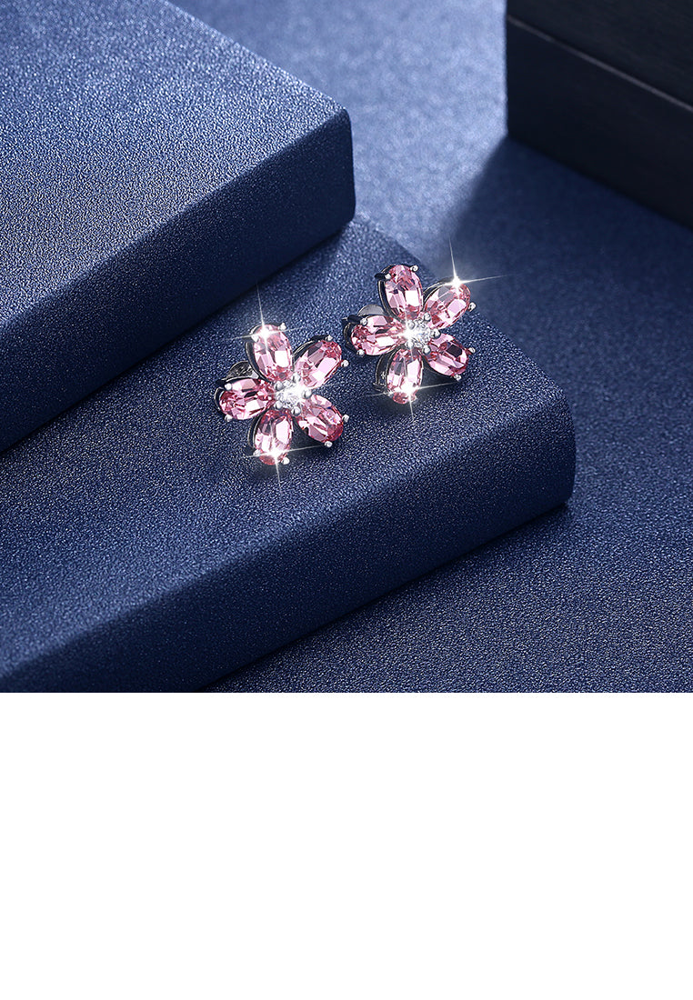 925 Sterling Silver Flower Stud Earrings with Pink Austrian Element Crystal - Vibrant Color