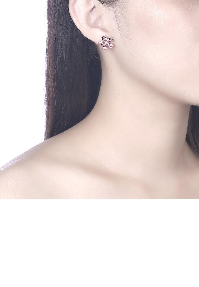 925 Sterling Silver Flower Stud Earrings with Pink Austrian Element Crystal - Vibrant Color