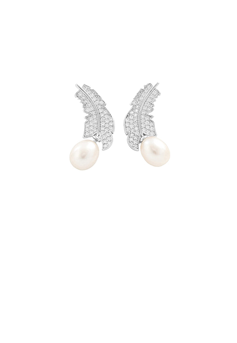 925 Sterling Silver Fashion and Elegant Leaf Freshwater Pearl Stud Earrings with Cubic Zirconia - Luxurious Look