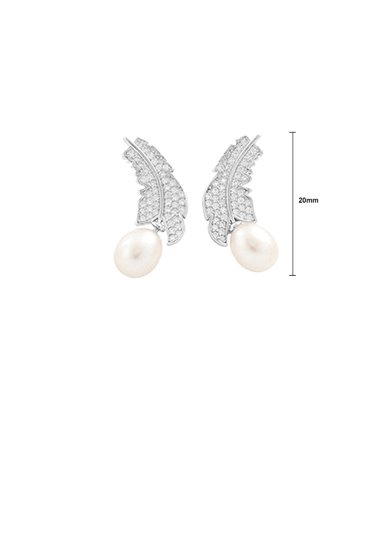 925 Sterling Silver Fashion and Elegant Leaf Freshwater Pearl Stud Earrings with Cubic Zirconia - Luxurious Look