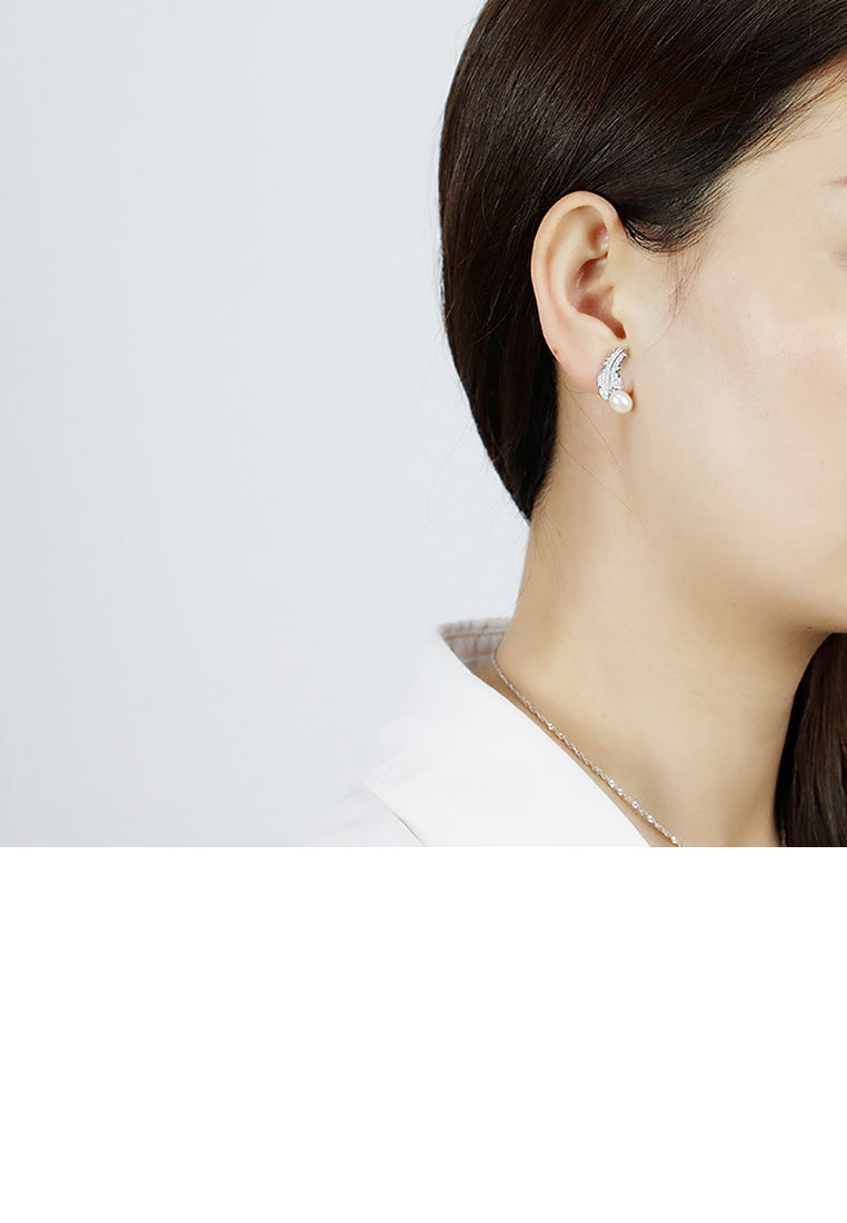 925 Sterling Silver Fashion and Elegant Leaf Freshwater Pearl Stud Earrings with Cubic Zirconia - Luxurious Look