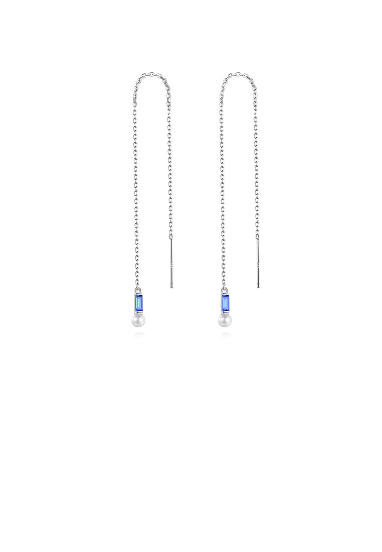 925 Sterling Silver Simple Temperament Geometric Freshwater Pearl Tassel Earrings with Blue Cubic Zirconia - Luxurious Look