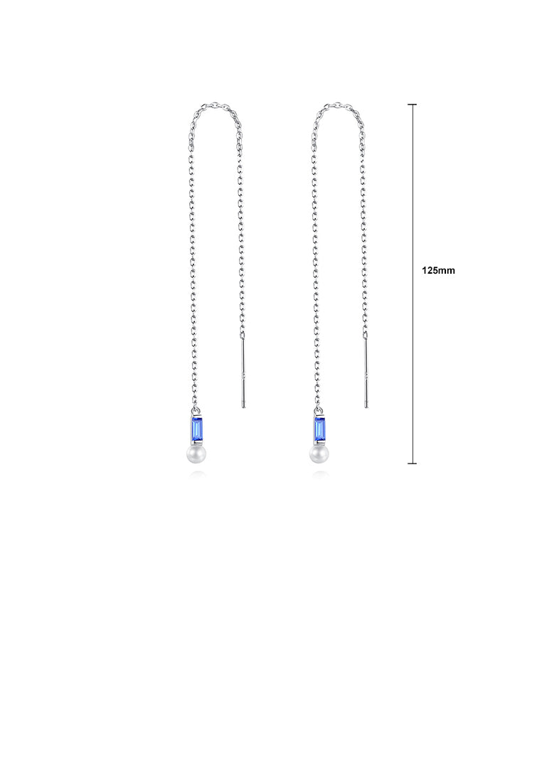 925 Sterling Silver Simple Temperament Geometric Freshwater Pearl Tassel Earrings with Blue Cubic Zirconia - Luxurious Look