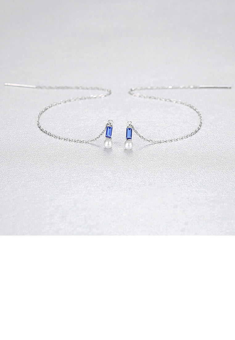 925 Sterling Silver Simple Temperament Geometric Freshwater Pearl Tassel Earrings with Blue Cubic Zirconia - Luxurious Look